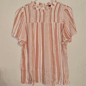 Staccato coral striped shirt, flutter sleeves and smocked neck with ruffles